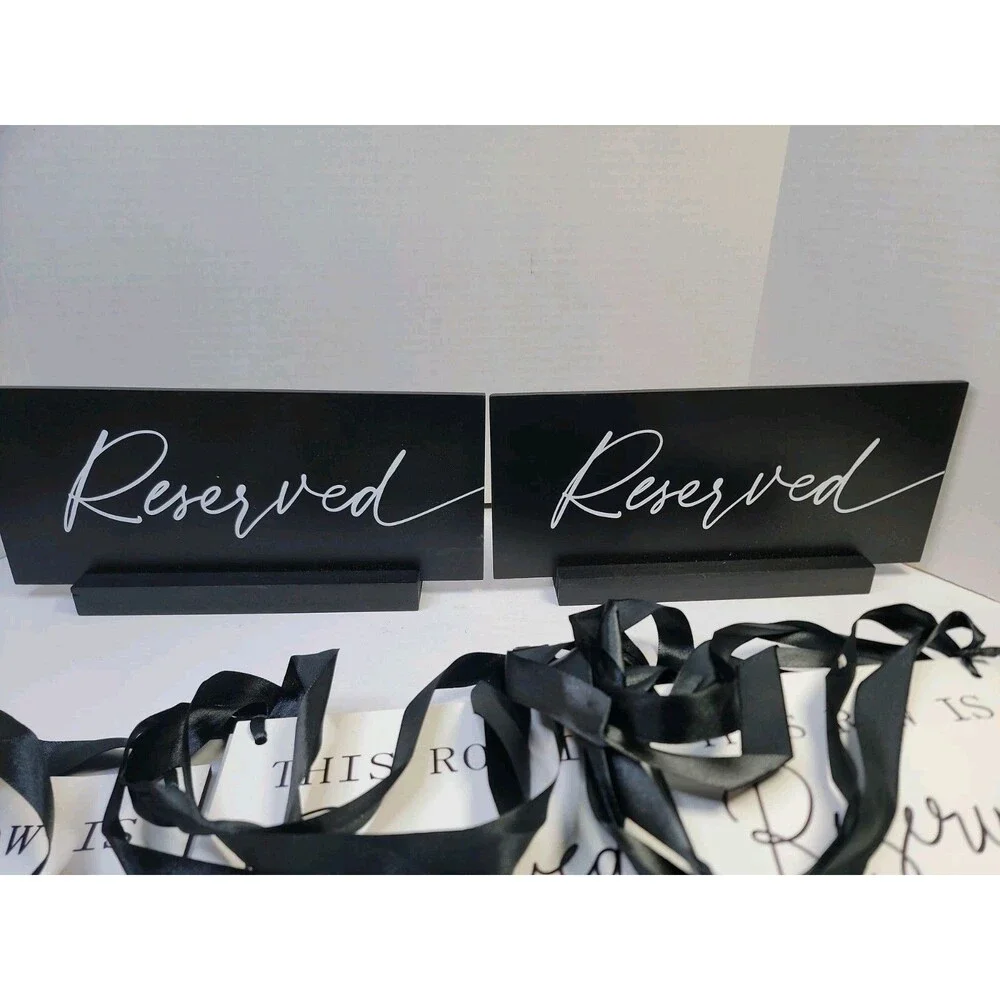 Set of 12 Reserved Wedding Signs Black White Ribbon Chair Row And 2 Tabletop